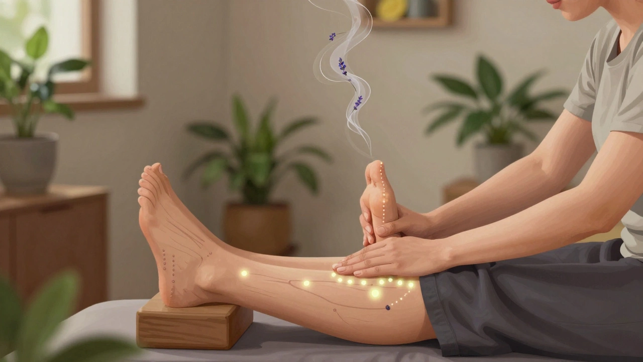 Praticienne appliquant la réflexologie plantaire dans un cadre apaisant avec plantes et lumière douce.