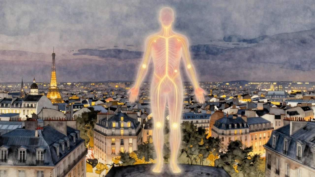 Schéma artistique des méridiens énergétiques brillants sur fond de paysage parisien au crépuscule.