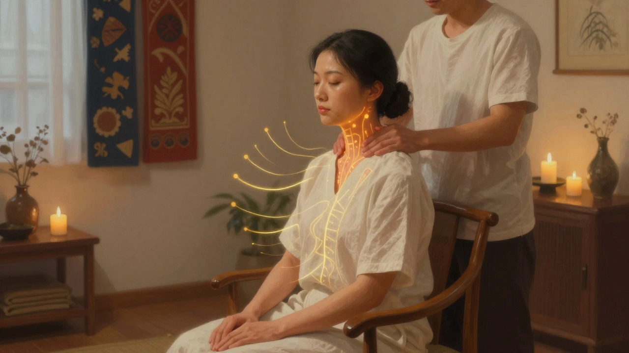 Séance de shiatsu assis dans un espace intime, avec des lignes d'énergie visibles le long des méridiens.