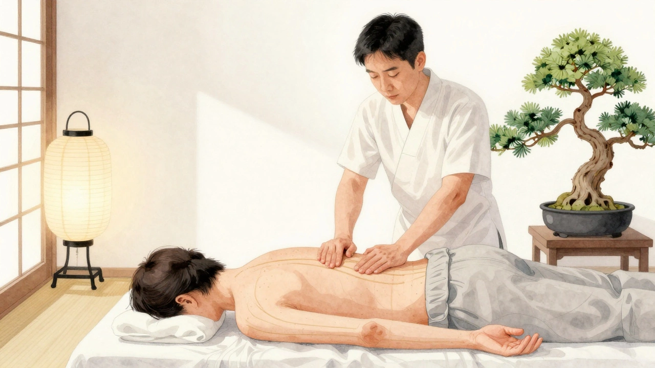 Shiatsu japonais : un masseur exerce une pression précise avec le pouce sur le dos d'un client, dans un espace minimaliste et calme.