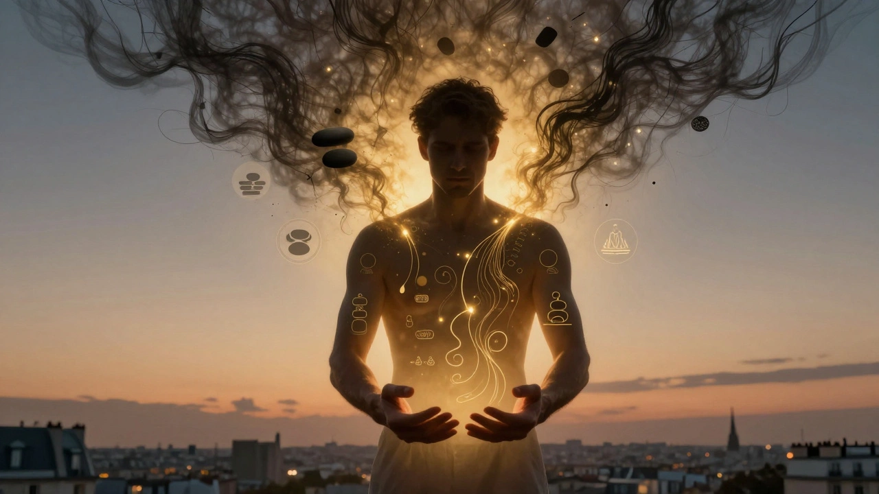 Silhouette d&#039;homme libéré de tensions sous forme de lignes sombres qui se transforment en lumière dorée, symbole de renaissance.