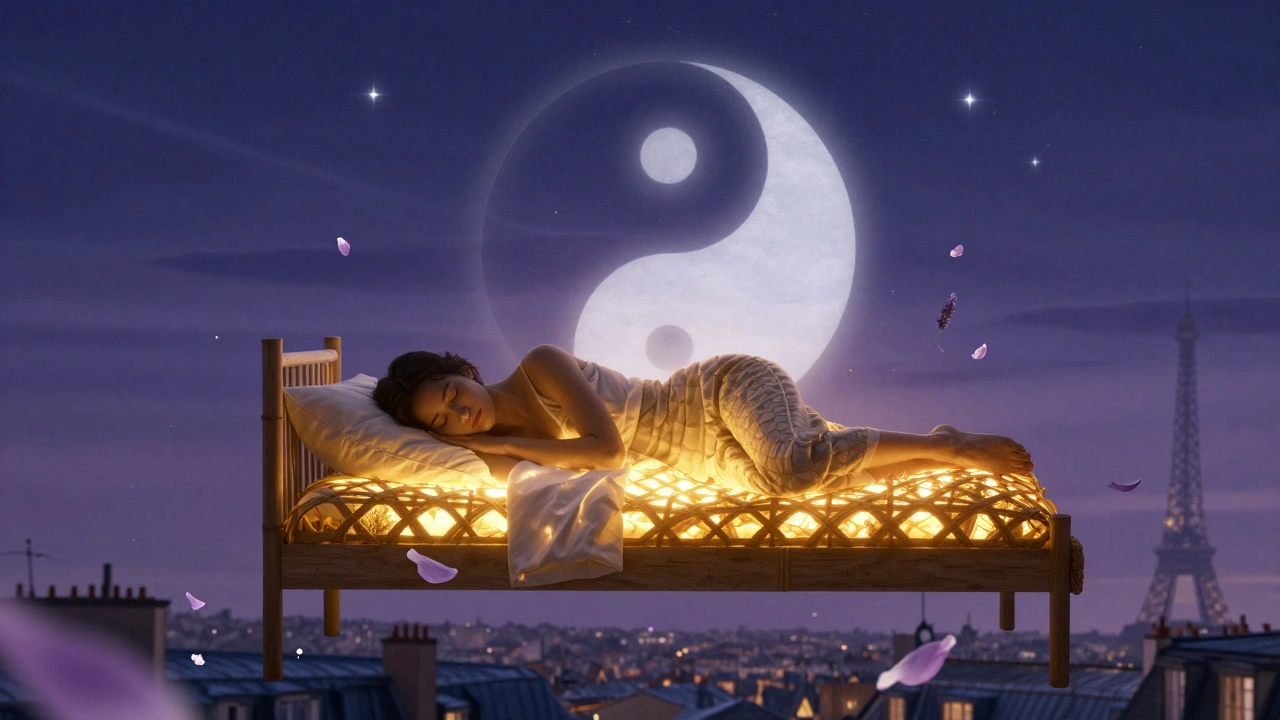 Silhouette endormie flottant au-dessus de Paris, entourée de pétales de lavande et de lumière dorée, symbole de paix et de sommeil réparateur.