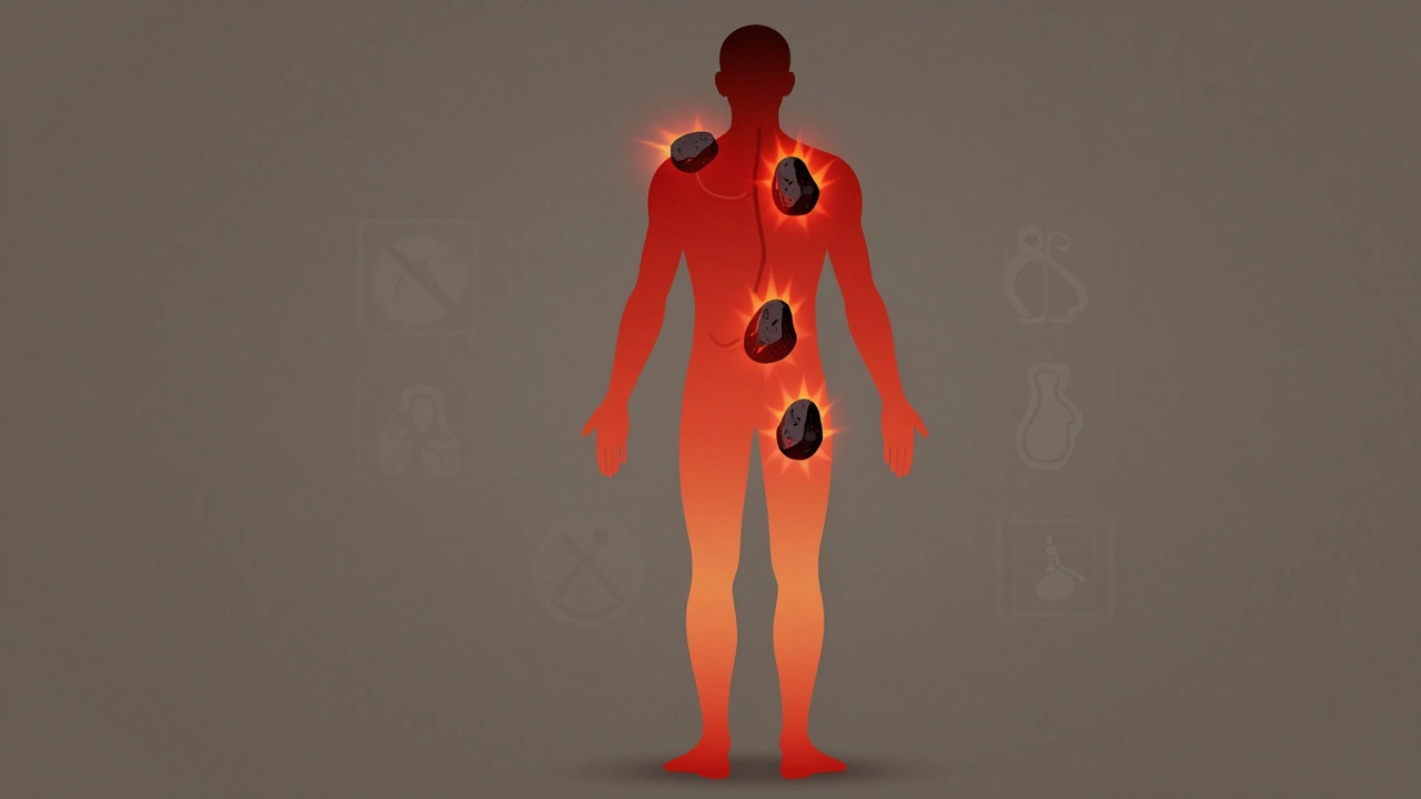 Silhouette humaine avec des ondes de chaleur émises par des pierres sur les points clés du corps, entourée de symboles médicaux subtils.