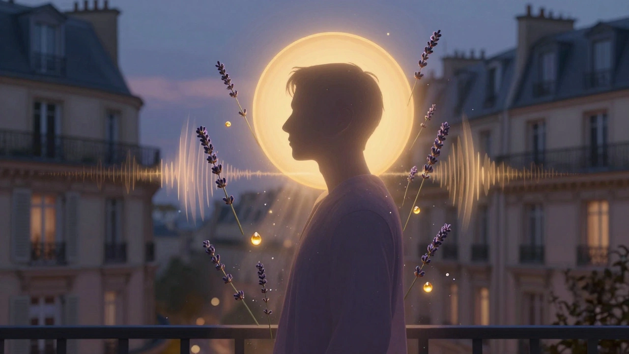 Silhouette humaine baignée dans une lueur dorée d'éléments sensoriels : lavande, huile, lumière.