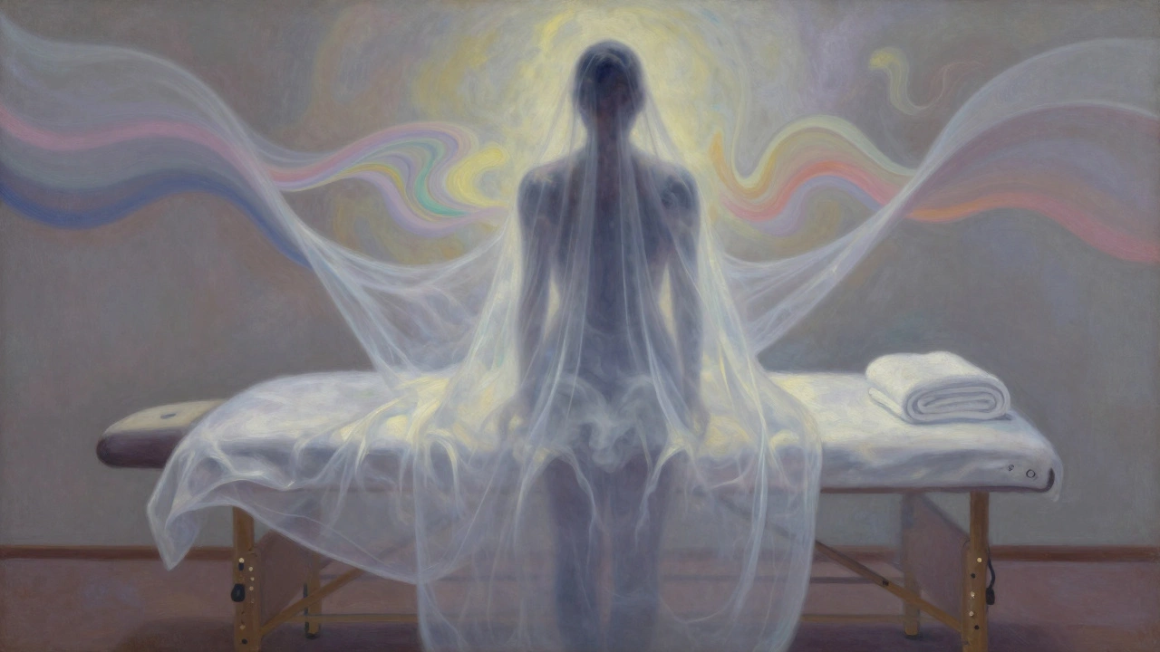 Silhouette humaine se libérant en lumière, symbole de libération émotionnelle après un massage naturiste.