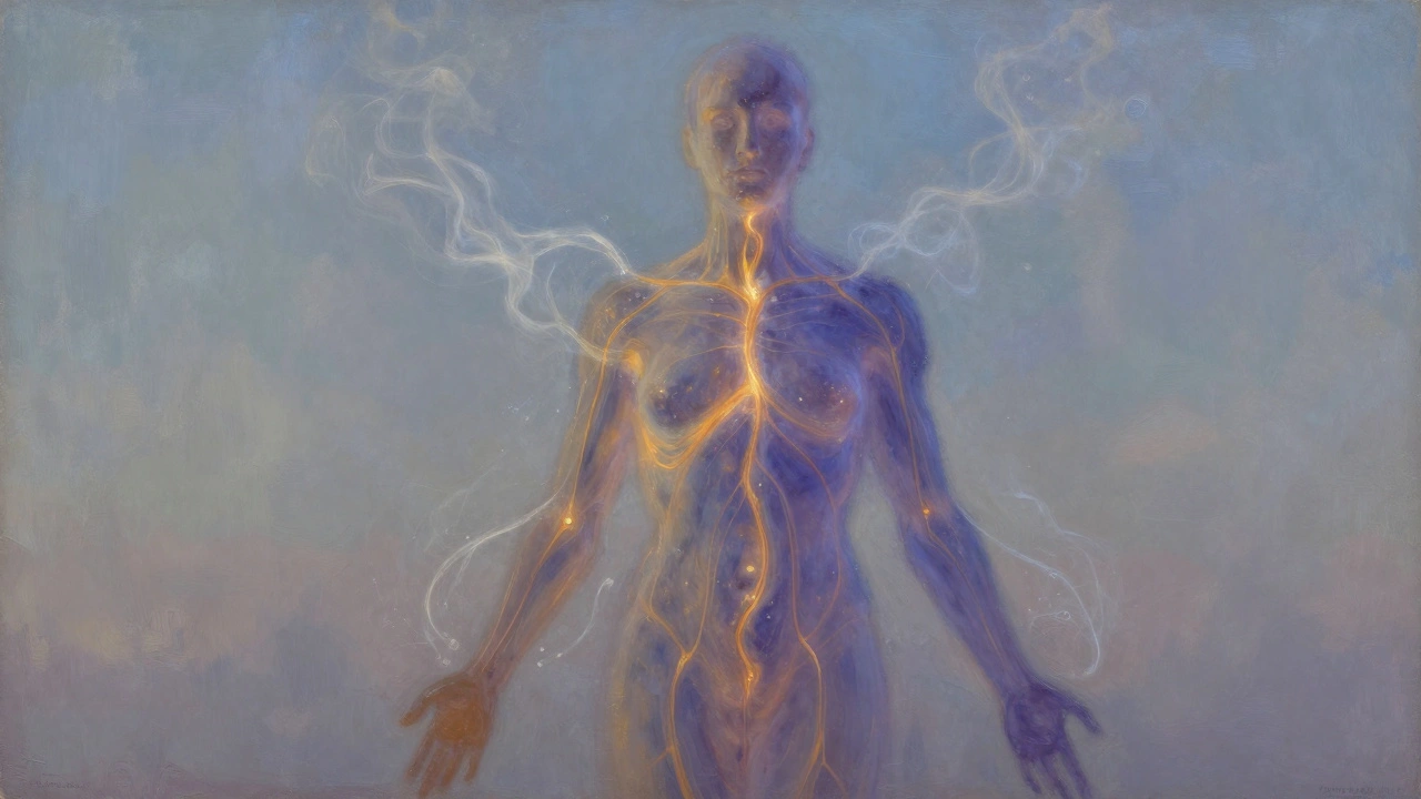 Silhouette humaine traversée par des courants lumineux d&#039;énergie, symbolisant la libération des blocages émotionnels.