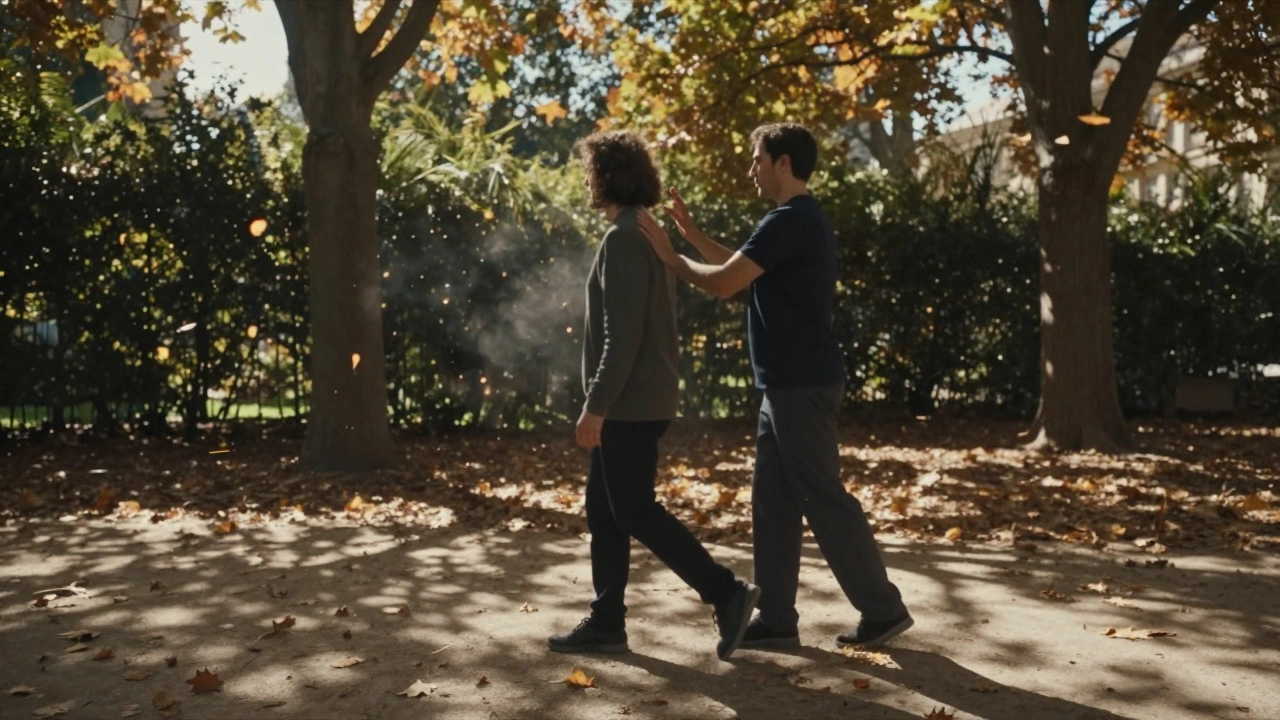 Thérapeute suit une personne en marche, sans contact, dans un jardin parisien aux lumières dorées.