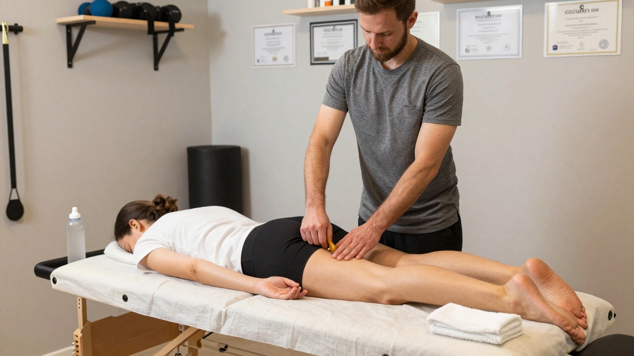 Un masseur travaille sur le tendon ilio-tibial d'un cycliste dans un studio de réhabilitation à Paris 13.