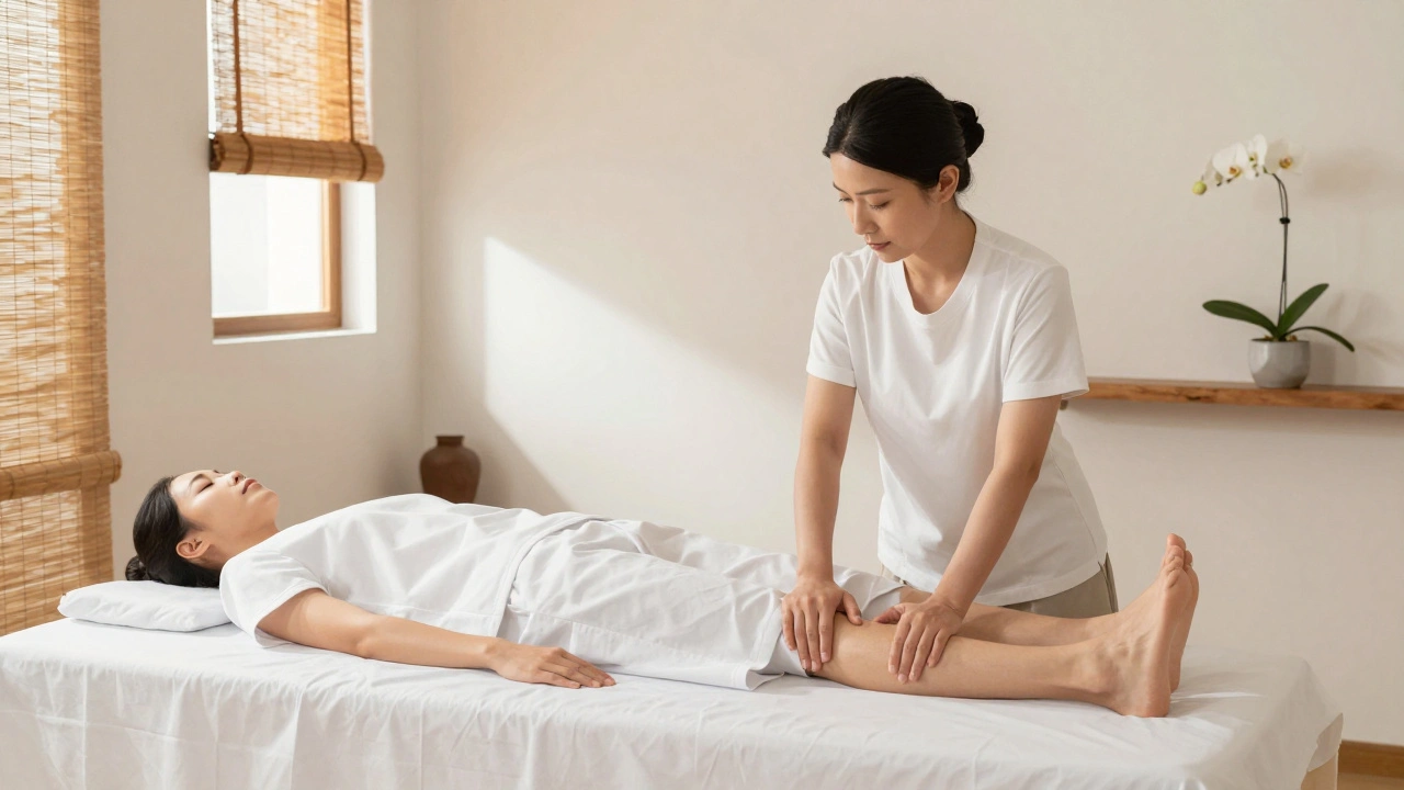 Une masseuse travaille avec précision sur les étirements d’un client dans un salon calme à Lyon, lumière naturelle et simplicité.