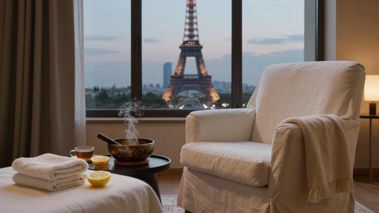 Coin de détente d'un spa luxueux à Paris, avec bol tibétain, thé et vue discrète sur la tour Eiffel.