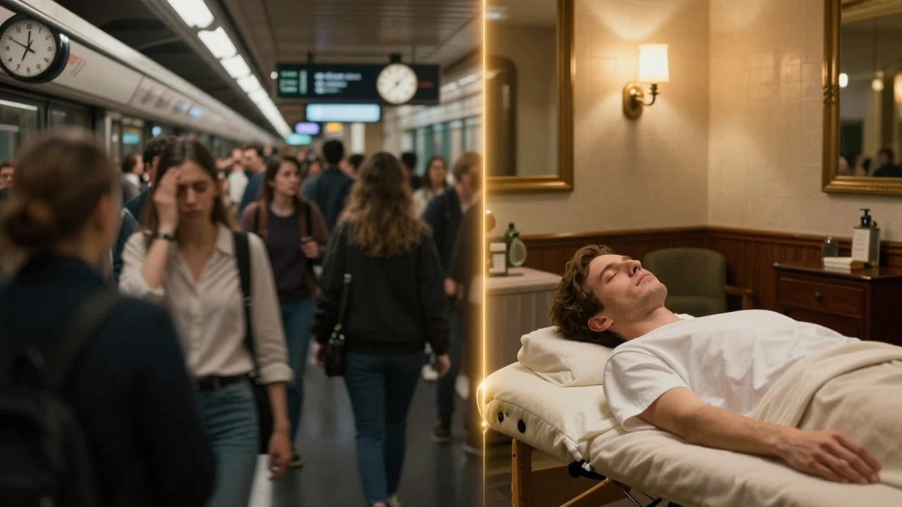 Comparaison entre le stress de la ville et la paix d'un massage, lien doré entre deux mondes.