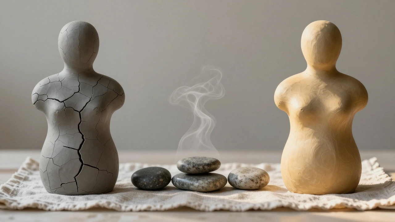 Comparaison visuelle entre un corps rigide et un corps détendu, avec des pierres chaudes au centre symbolisant la transformation.