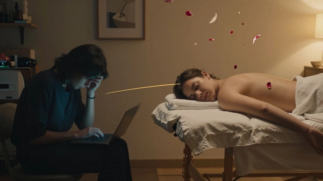 Contraste entre stress au bureau et détente au massage, séparés par une ligne dorée symbolisant la transformation.