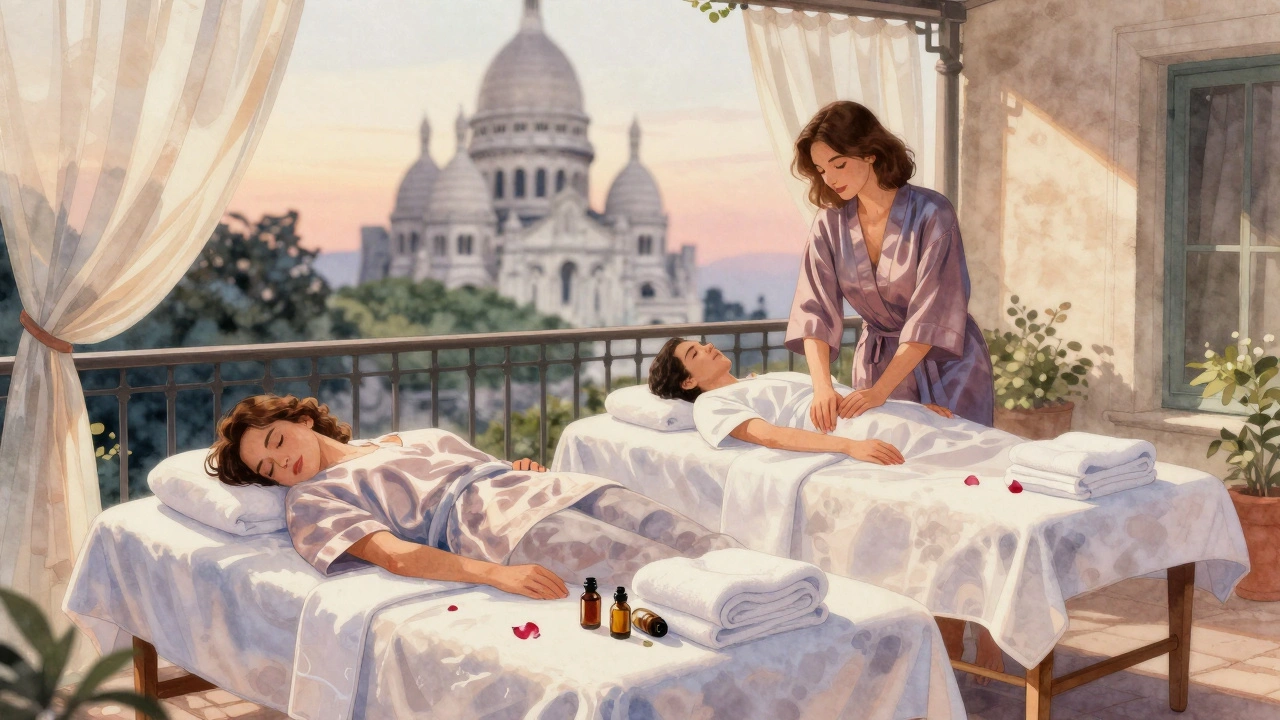 Couple en robe de soie reposant sur une terrasse de Montmartre au crépuscule, avec la basilique en arrière-plan flou.