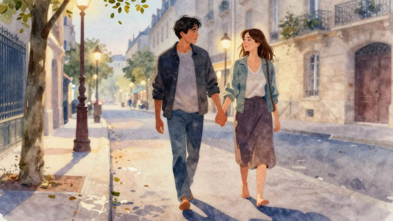 Couple marchant main dans la main après un massage, ombres allongées sous les réverbères de Paris, air calme et émotion silencieuse.