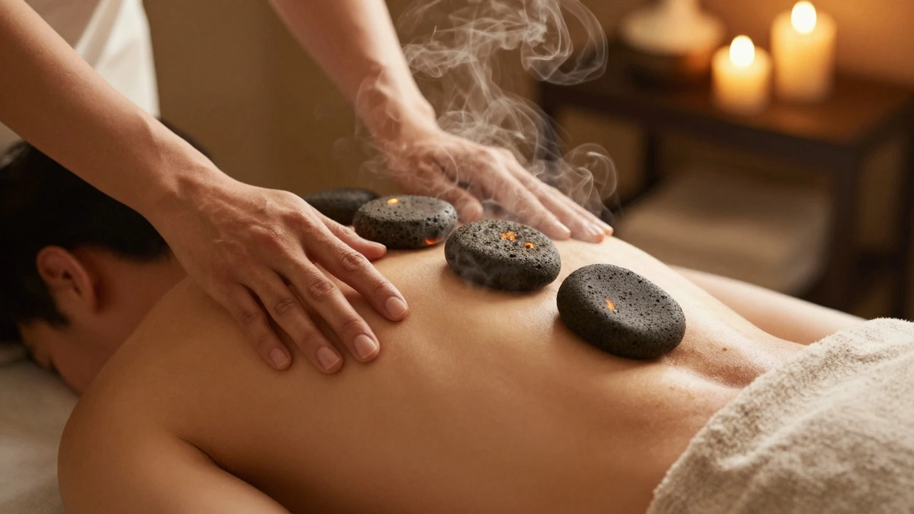 Des pierres chaudes posées sur le dos d'un homme, dégageant une légère vapeur dans une lumière douce.