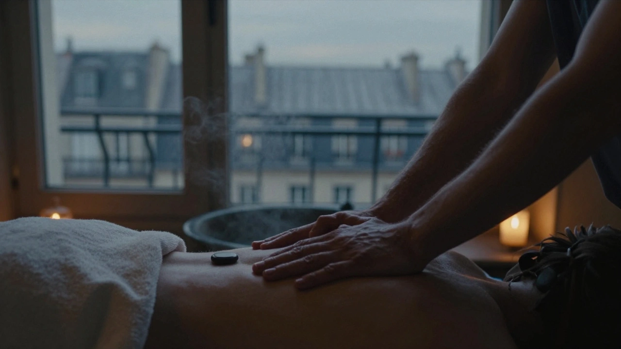 Deux mains entrelacées sur un fond flou de toits parisiens, moment de connexion silencieuse après un massage.