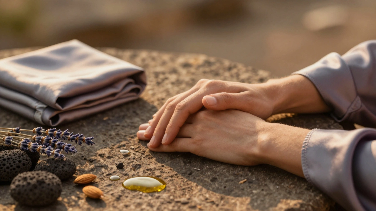 Deux mains entrelacées sur une pierre chaude, avec des pierres volcaniques, de l'huile et des lavandes.