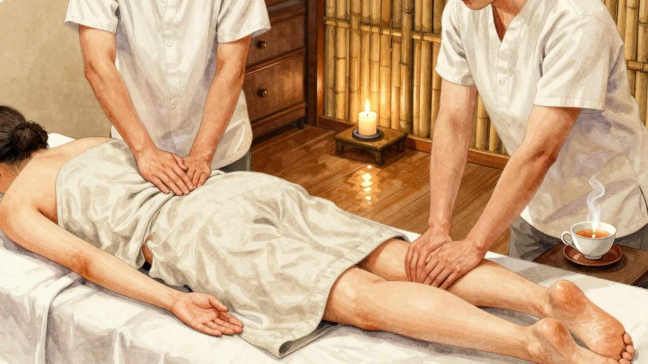 Deux masseurs en action dans un spa parisien discret, draps blancs, lumières de bougies et détails en bois naturel.