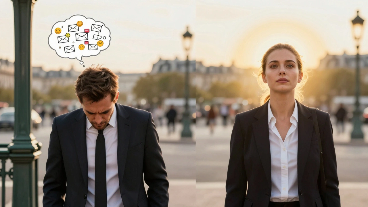 Homme ou femme sortant du métro à Paris, transformé par un massage crânien, avec une division visuelle entre stress et sérénité.