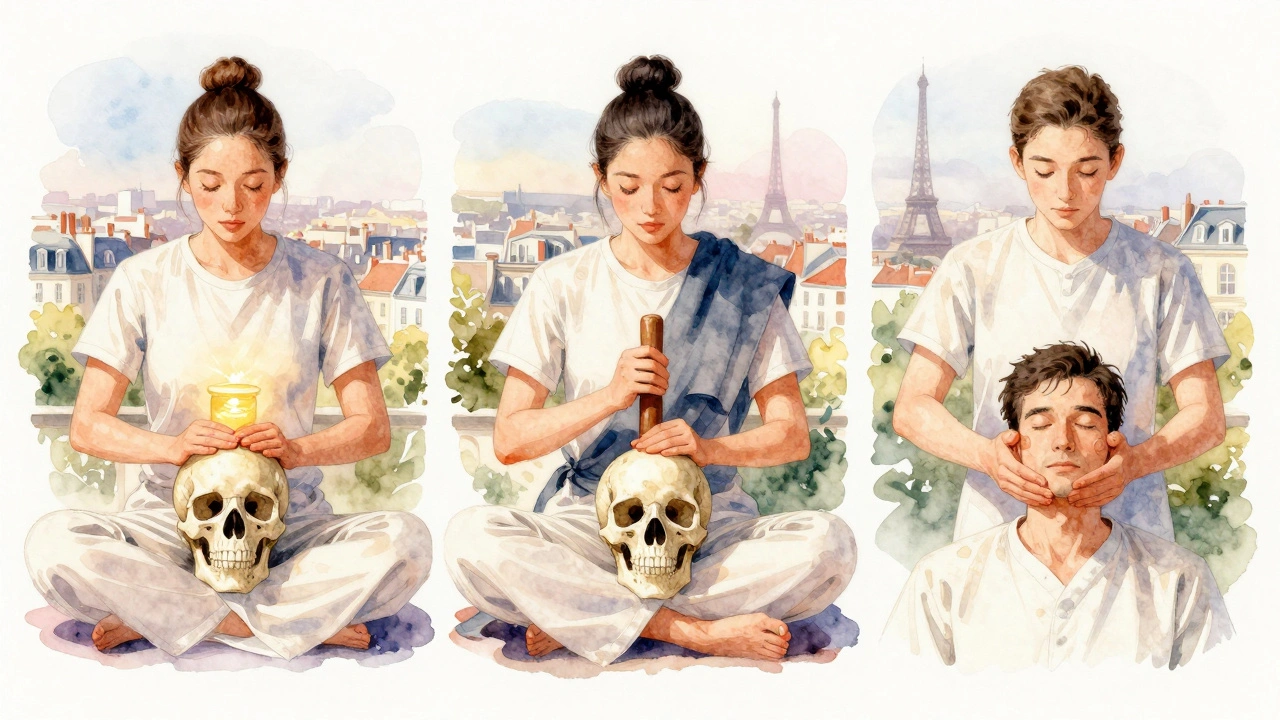 Illustration artistique montrant trois techniques de massage crânien : ayurvédique, tibétain et français intégré.