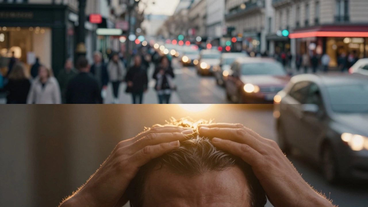Image divisée : d'un côté le stress urbain de Paris, de l'autre une main apaisante qui masse la tête dans une lumière dorée.