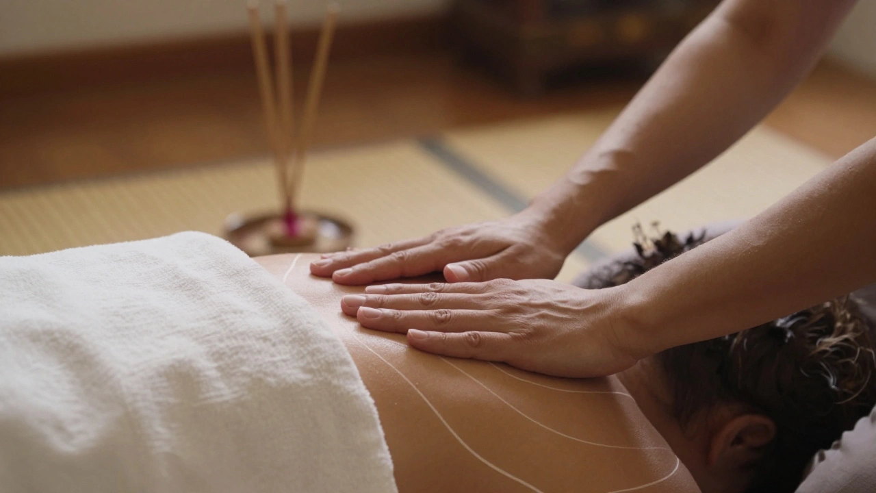 Lignes énergétiques flottantes entourent les mains et coudes en contact avec le dos d'une personne allongée.