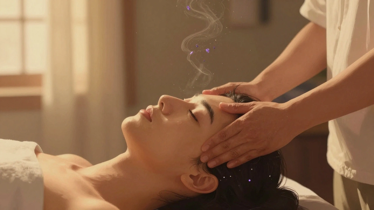 Mains de masseur en train de travailler délicatement sur les tempes et le cuir chevelu d'une personne en pleine détente.