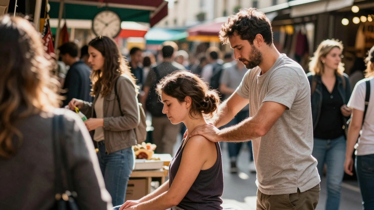Massage assis rapide sur un marché parisien, une femme en détente tandis que les passants circulent autour d'elle.