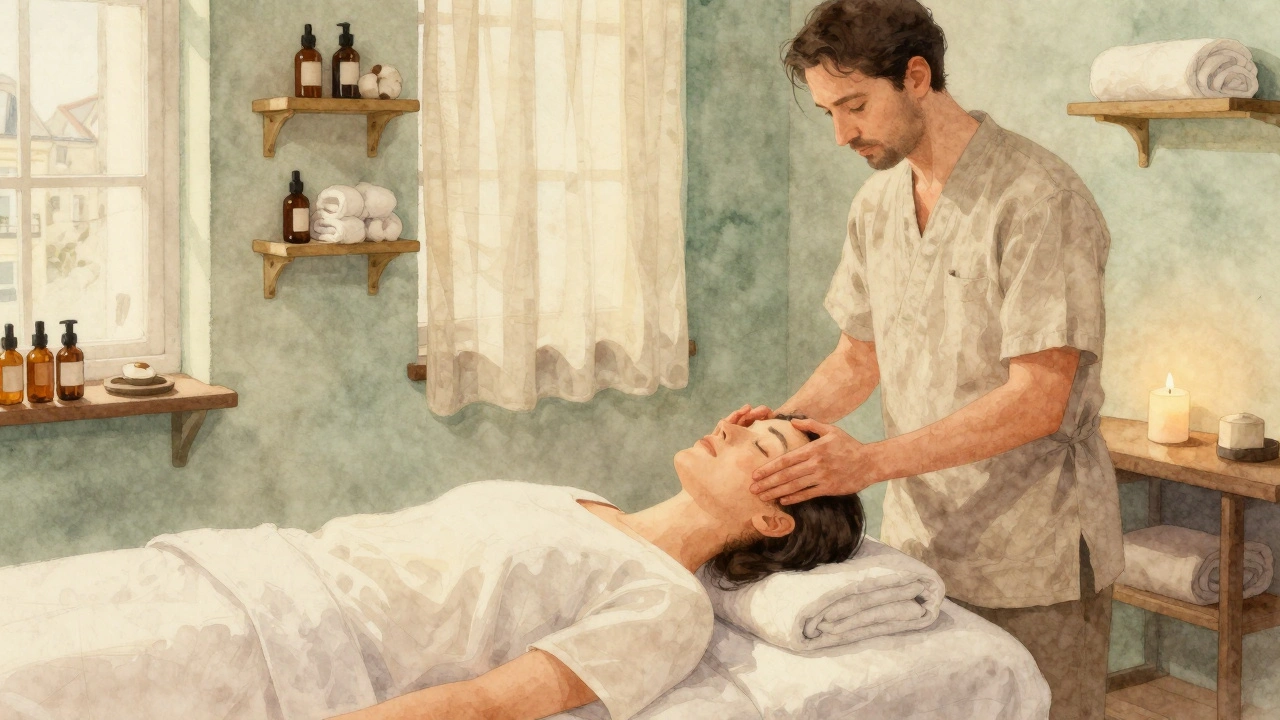 Masseur effectue un massage du crâne sur un client assis, lumière naturelle et ambiance calme dans un petit salon parisien.