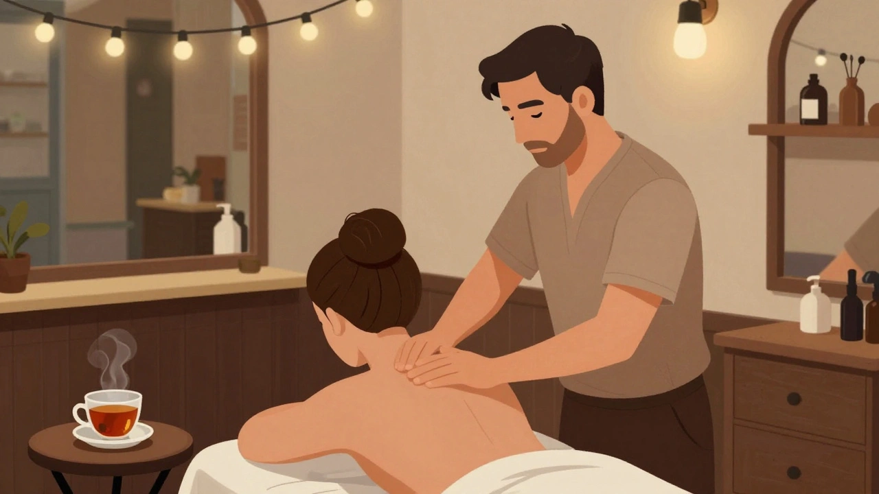Masseur professionnel offrant un massage aux épaules dans un salon chaleureux et intime.