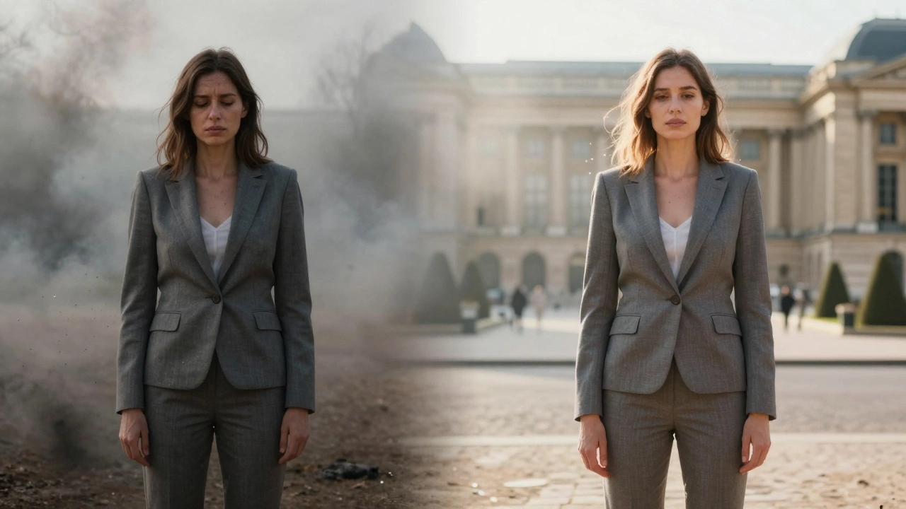 Métaphore visuelle : femme avant (lourde, toxines sombres) et après (radiante, lumières ascendantes) un massage détox dans un jardin parisien.