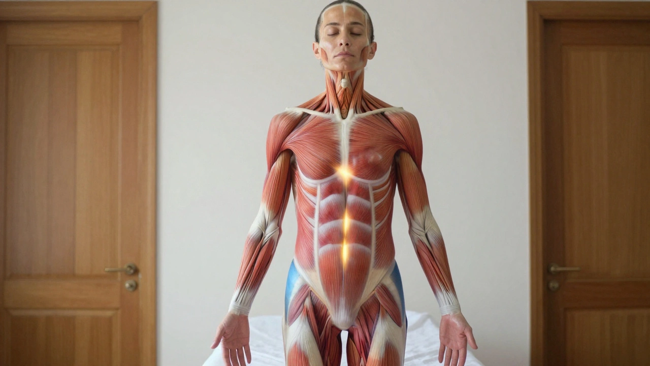 Personne debout, posture corrigée, avec des cartes de tension musculaire transparentes qui disparaissent doucement.