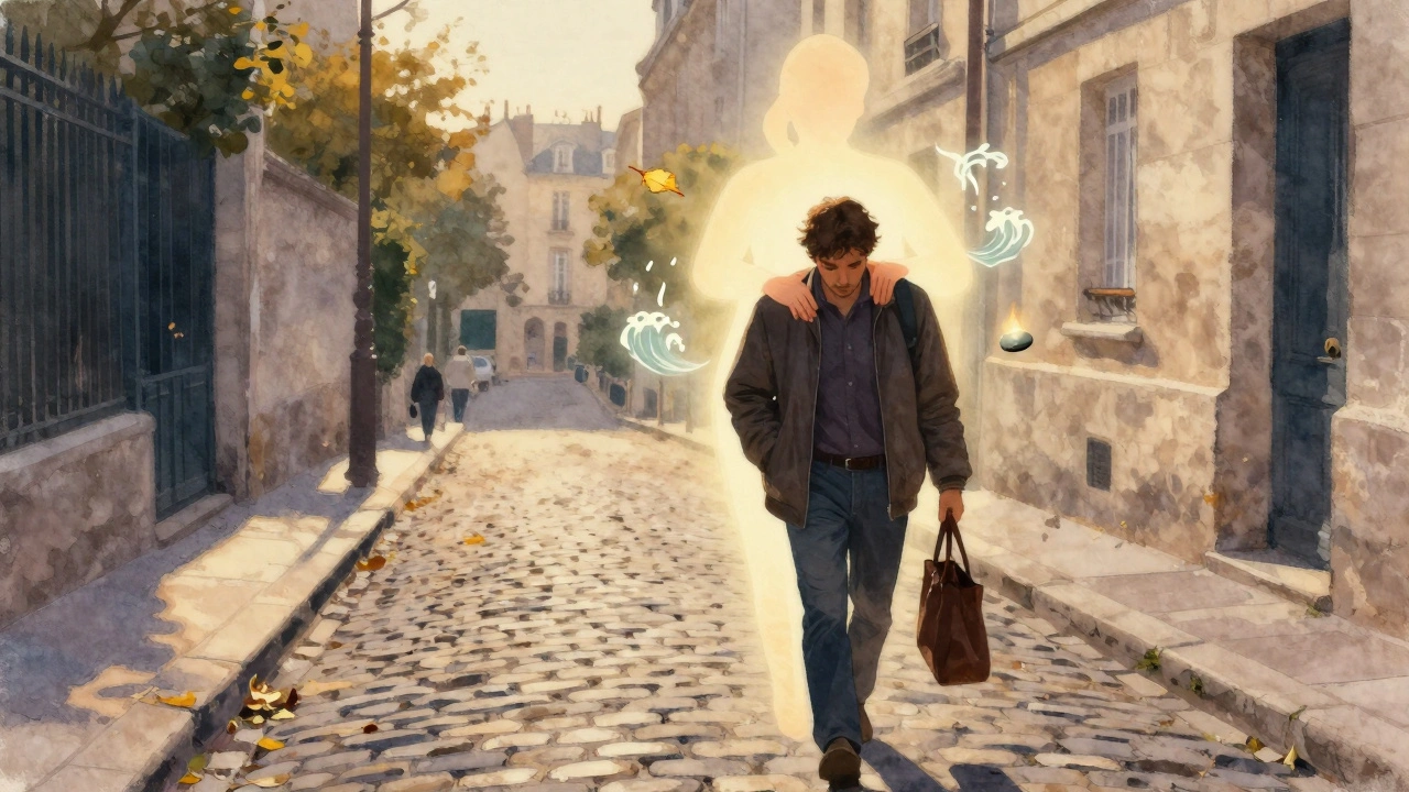 Personne marchant dans Montmartre, tension dans les épaules, aura de détente flottant derrière elle.