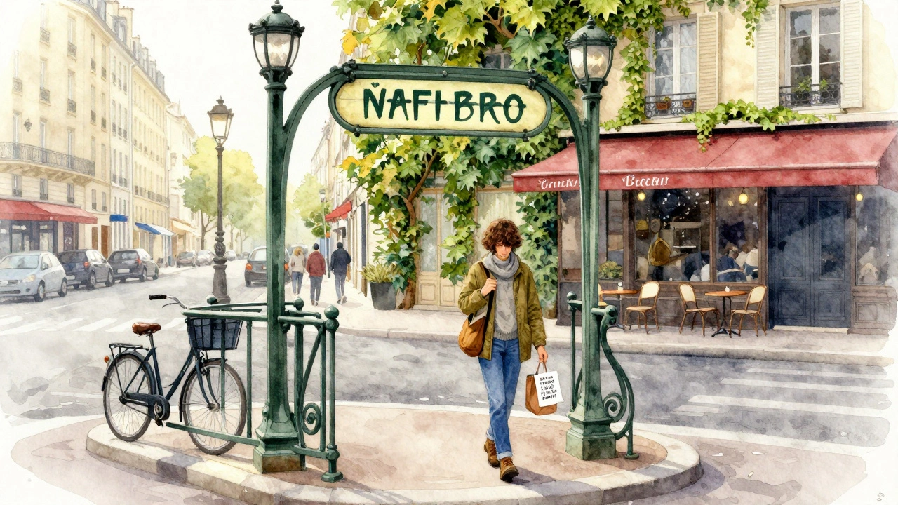 Personne sortant du métro à Paris, souriant, avec un bon de massage, entourée d'un quartier résidentiel paisible.