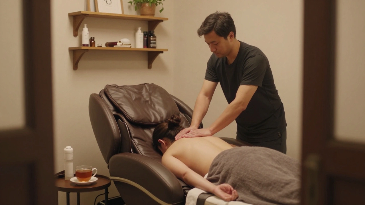 Petit salon de massage de quartier à Paris, masseur en train de masser la nuque d'un client dans un cadre simple et accueillant.