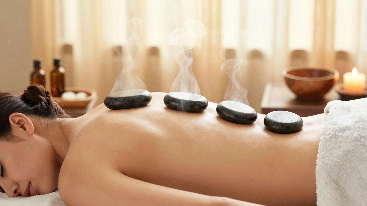 Pierres chaudes glissant sur le dos d'une personne, avec une lumière dorée et de la vapeur légère.