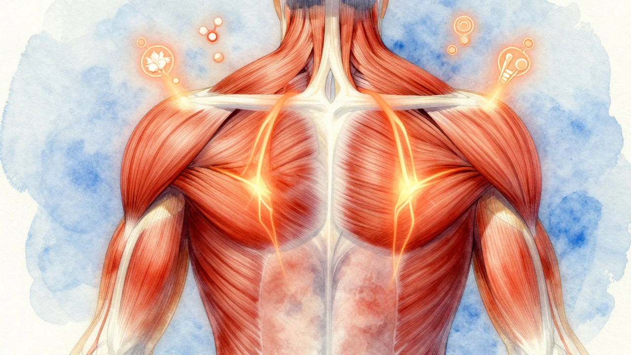 Représentation artistique de la chaleur pénétrant les muscles et détendant les tissus, avec des vaisseaux dilatés et des fibres qui se détendent.