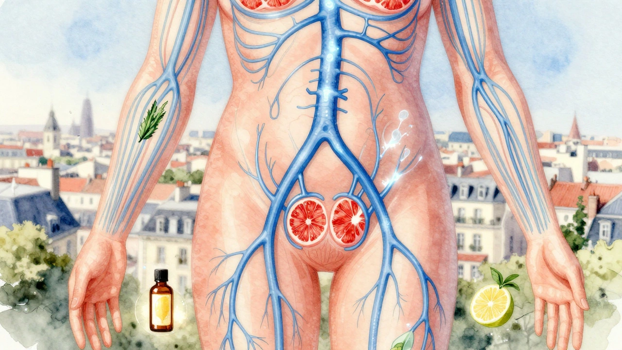 Représentation artistique du système lymphatique en eau-colorée, avec des flux bleus guidés par des mains et des huiles essentielles flottantes, fond urbain flou.
