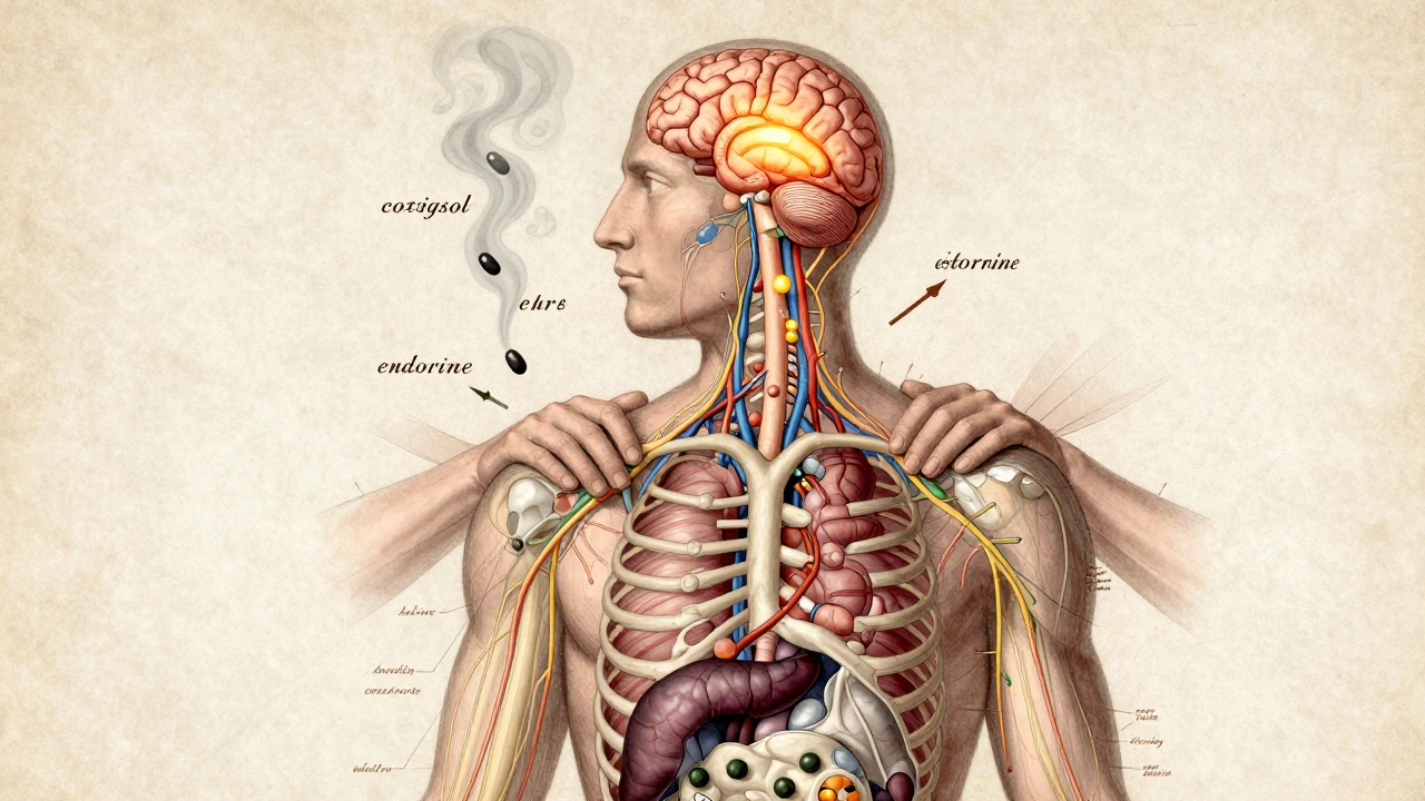 Schéma anatomique stylisé montrant la réduction du cortisol et l'augmentation des hormones du bien-être lors d'un massage.