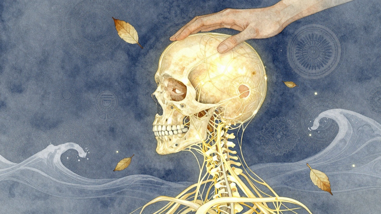 Schéma artistique des nerfs reliés au crâne, représenté comme un réseau lumineux avec des mains apaisantes au-dessus.