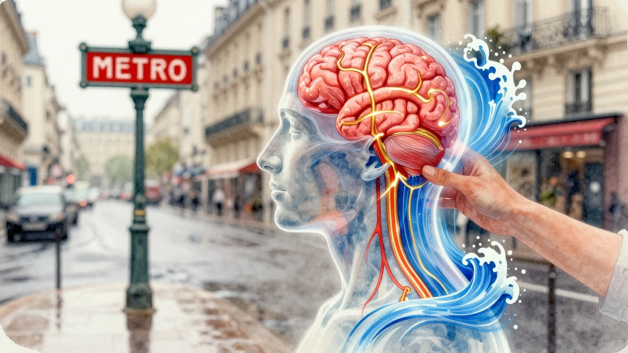 Schéma artistique du crâne avec flux sanguin et énergie qui s'étendent du cuir chevelu vers le cou, dans un style aquarelle.