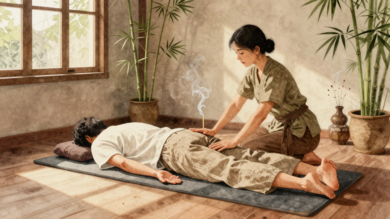 Séance de massage thaï dans un atelier chaleureux, client habillé en lin, thérapeute en train d'étirer doucement.