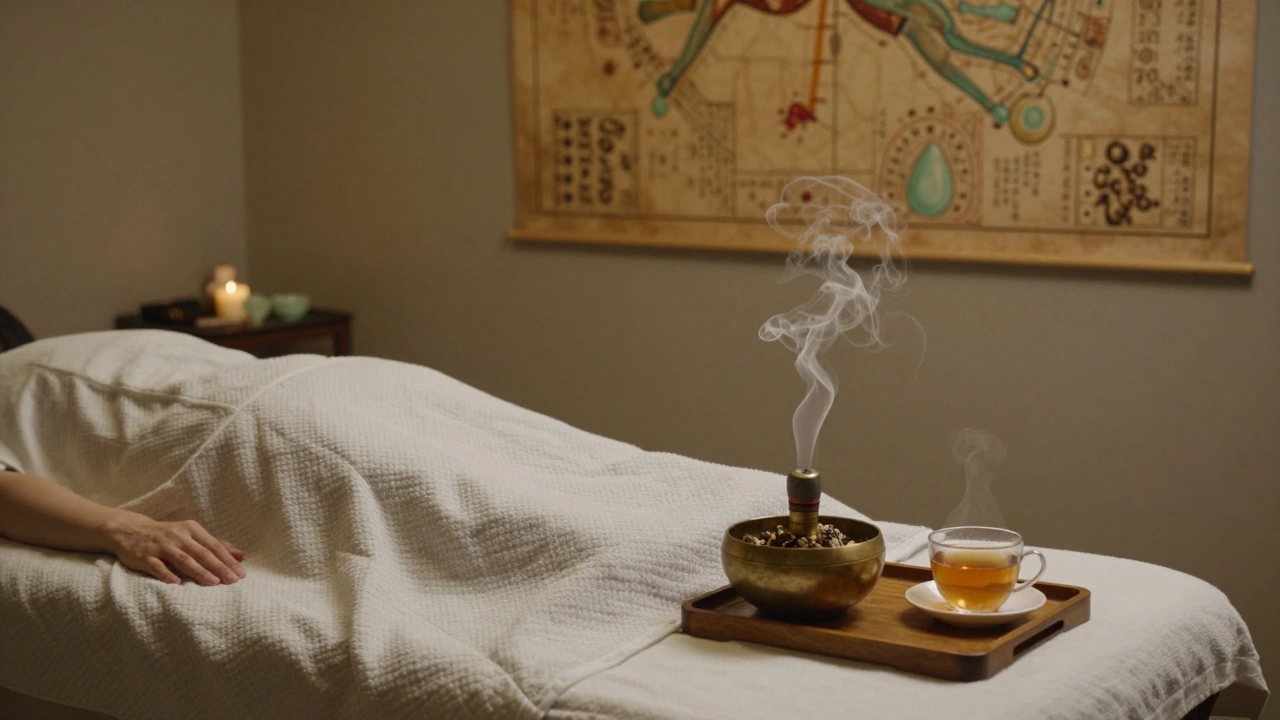 Séance de moxibustion accompagnée d'un massage chinois, avec une tasse de thé au gingembre et des cartes des méridiens au mur.