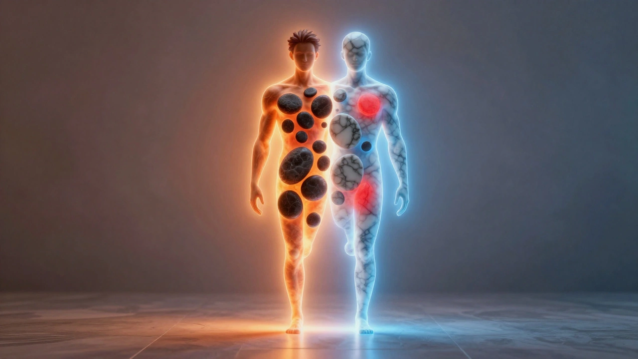 Silhouette divisée entre chaleur et fraîcheur, symbolisant les bienfaits des pierres chaudes et froides sur le corps.