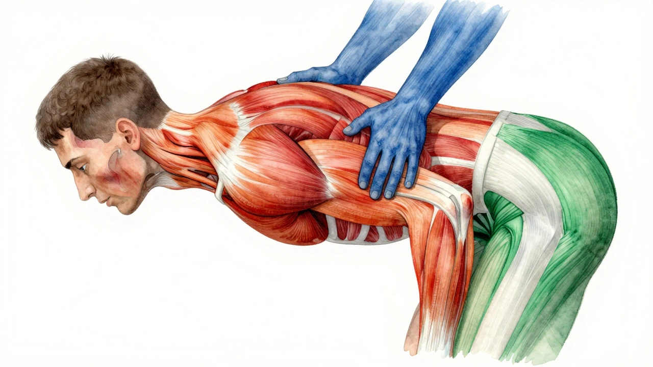 Silhouette humaine avec des lignes de tension rouge et des coups de massage bleu rétablissant l'alignement postural.