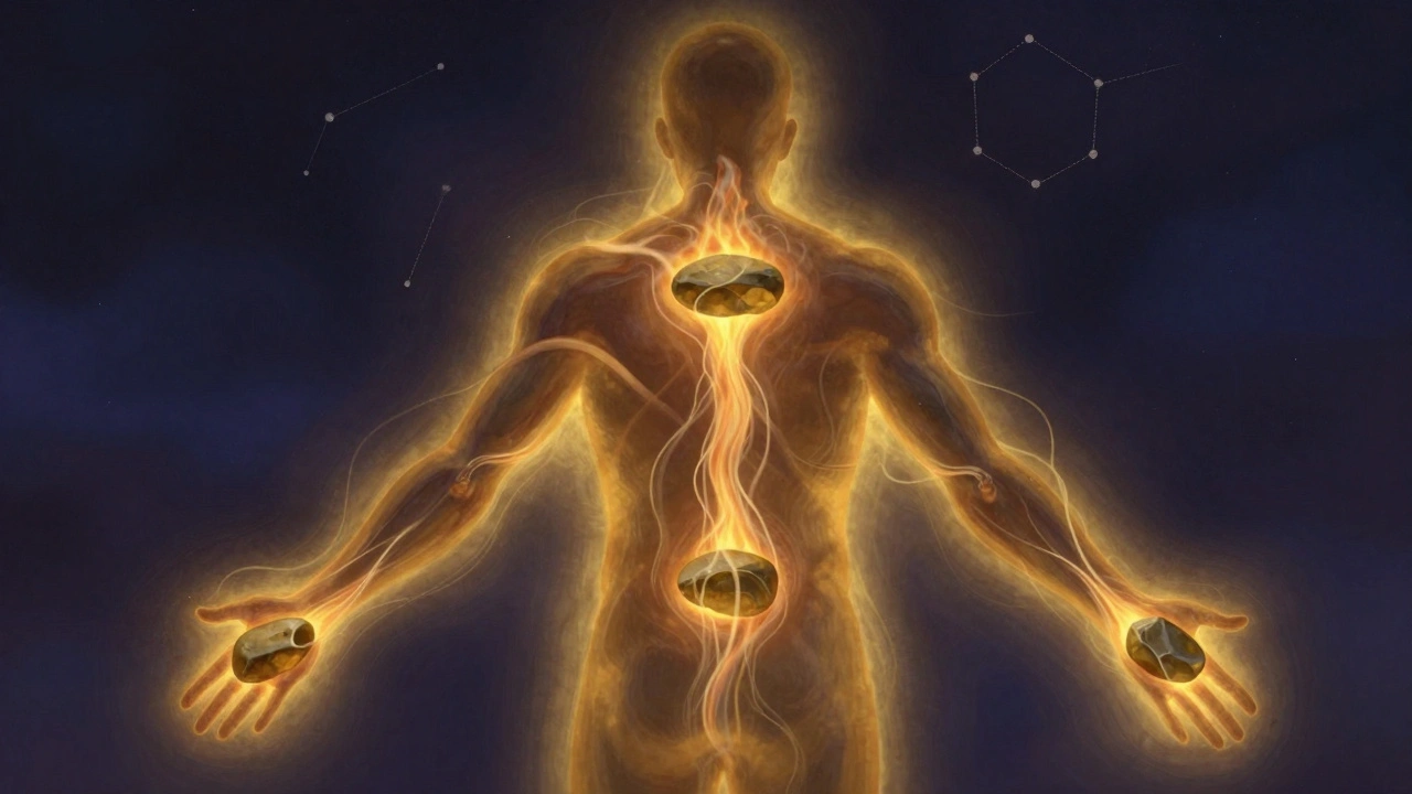 Silhouette humaine baignée dans une lueur dorée, symbolisant la chaleur profonde et la détente musculaire.