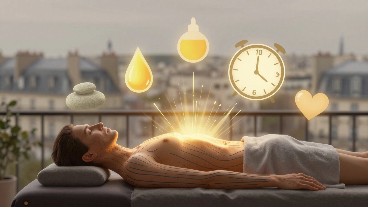 Silhouette humaine libérée du stress, transformée en lumière dorée, avec symboles de massage et ville floutée en arrière-plan.