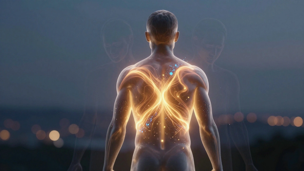 Silhouette humaine transparente avec ondes de chaleur symbolisant la réduction du stress et l'augmentation du bien-être.