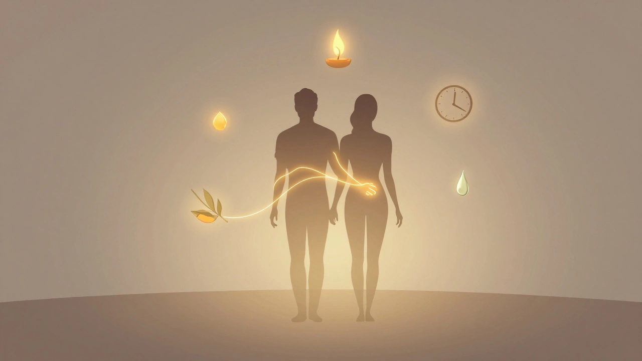 Silhouettes connectées par des lignes dorées, symbole du toucher réparateur, éléments flottants représentant paix et réconnexion.